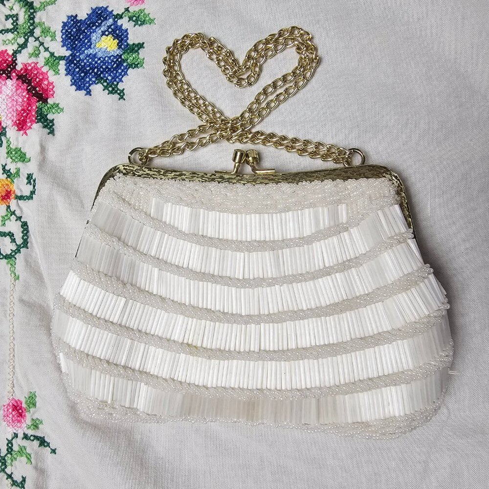 Vintage White Glass Seed Bead Evening Bag Dress Purse Clutch Wedding